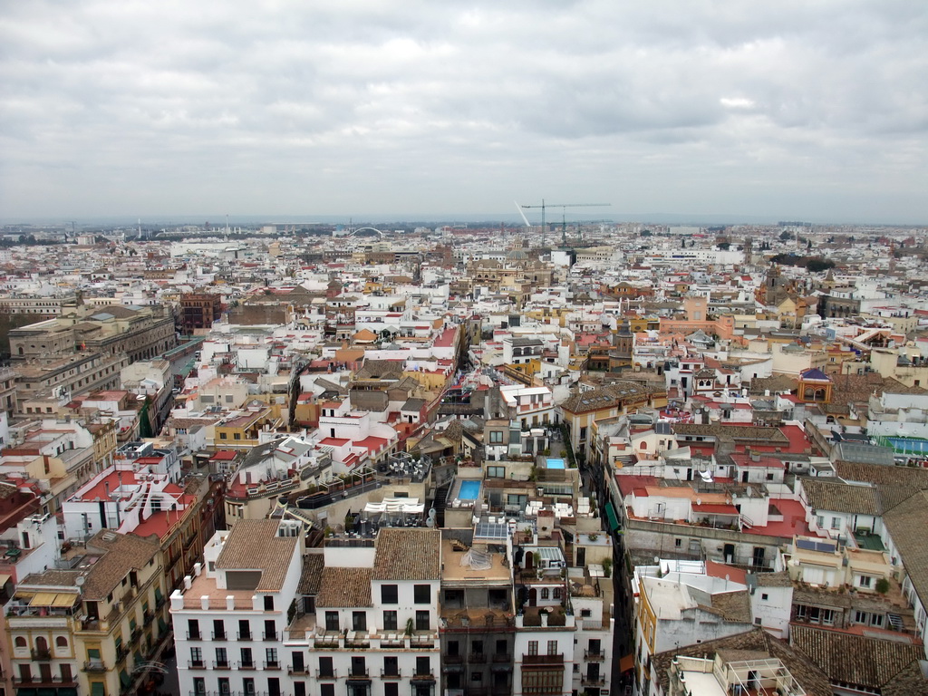 The north side of the city, with the Casa Consistorial de Sevilla building, the Iglesia del Salvador church, the Puente de la Barqueta bridge and the Puente del Alamillo bridge, viewed from the top of the Giralda tower