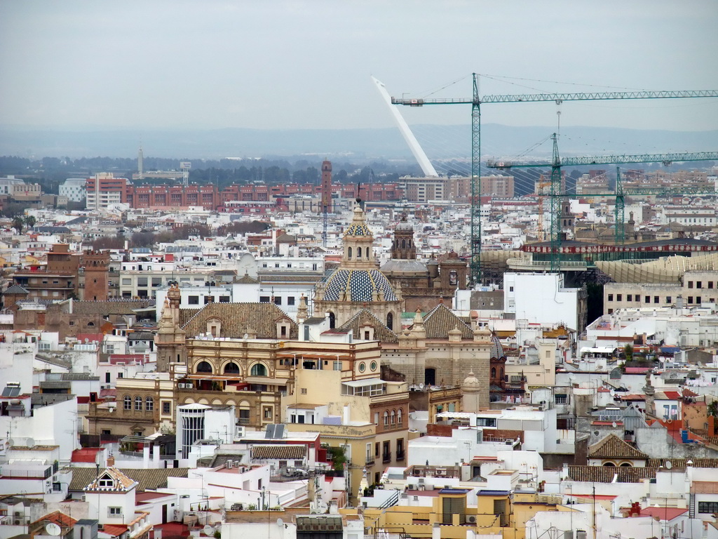 The Iglesia del Salvador church and the Puente del Alamillo bridge, viewed from the top of the Giralda tower
