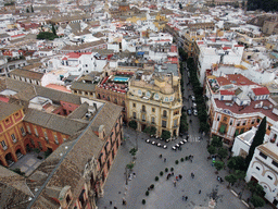 The Palacio Arzobispal and the Restaurante El Giraldillo at the Plaza Virgen de los Reyes square, and the Iglesia de Santa Cruz church, viewed from the top of the Giralda tower