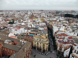 The Palacio Arzobispal and the Restaurante El Giraldillo at the Plaza Virgen de los Reyes square, and the Iglesia de Santa Cruz church, viewed from the top of the Giralda tower