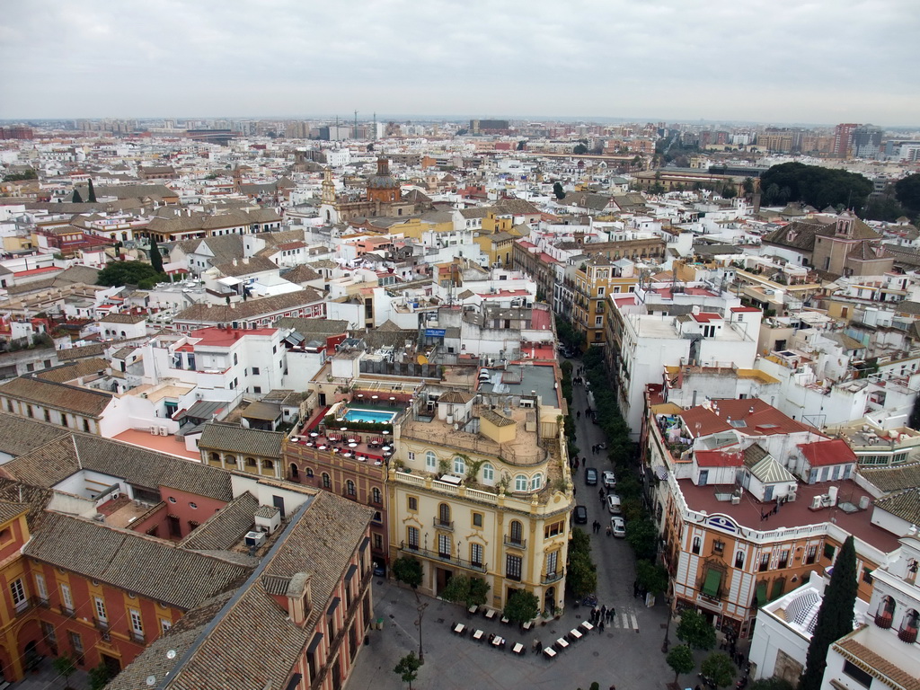 The Palacio Arzobispal and the Restaurante El Giraldillo at the Plaza Virgen de los Reyes square, and the Iglesia de Santa Cruz church, viewed from the top of the Giralda tower