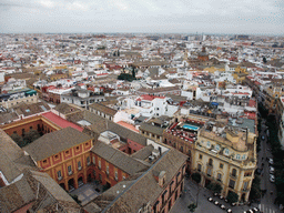 The Palacio Arzobispal and the Restaurante El Giraldillo at the Plaza Virgen de los Reyes square, and the Iglesia de Santa Cruz church, viewed from the top of the Giralda tower