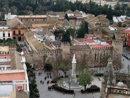 The Alcázar of Seville and the Monument of the Immaculate Conception at the Plaza del Triunfo square, viewed from the top of the Giralda tower