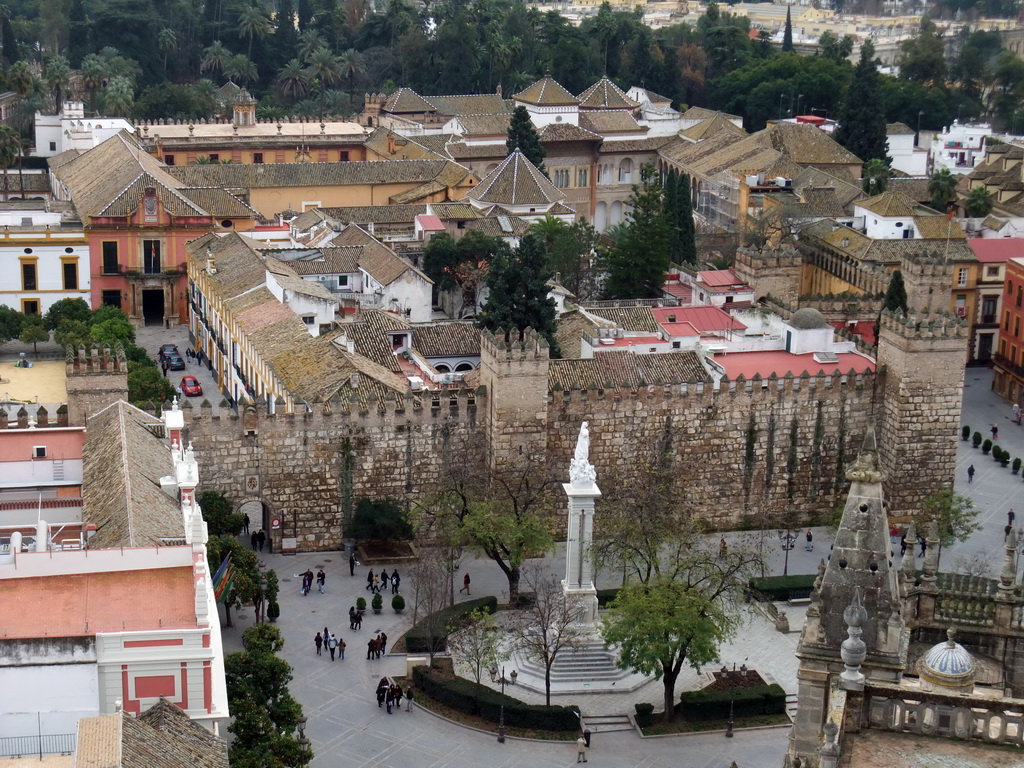 The Alcázar of Seville and the Monument of the Immaculate Conception at the Plaza del Triunfo square, viewed from the top of the Giralda tower