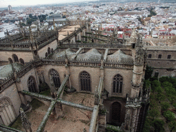 The roof of the Seville Cathedral and the Plaza de Toros de la Real Maestranza de Caballería de Sevilla bullring, viewed from the top of the Giralda tower