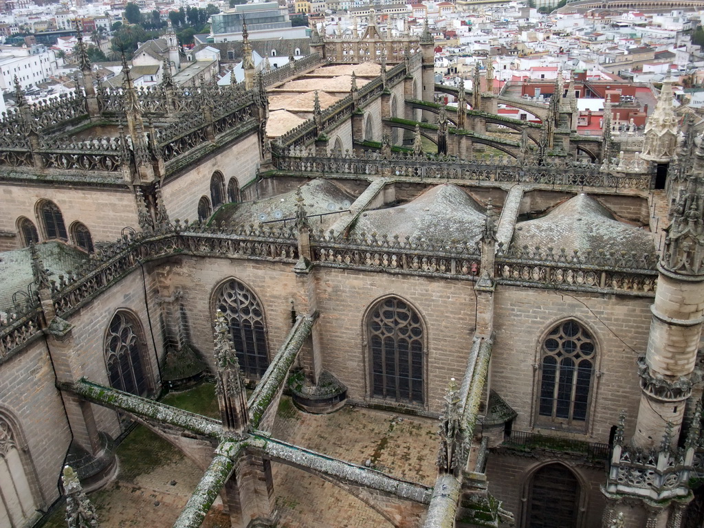 The roof of the Seville Cathedral and the Plaza de Toros de la Real Maestranza de Caballería de Sevilla bullring, viewed from the top of the Giralda tower