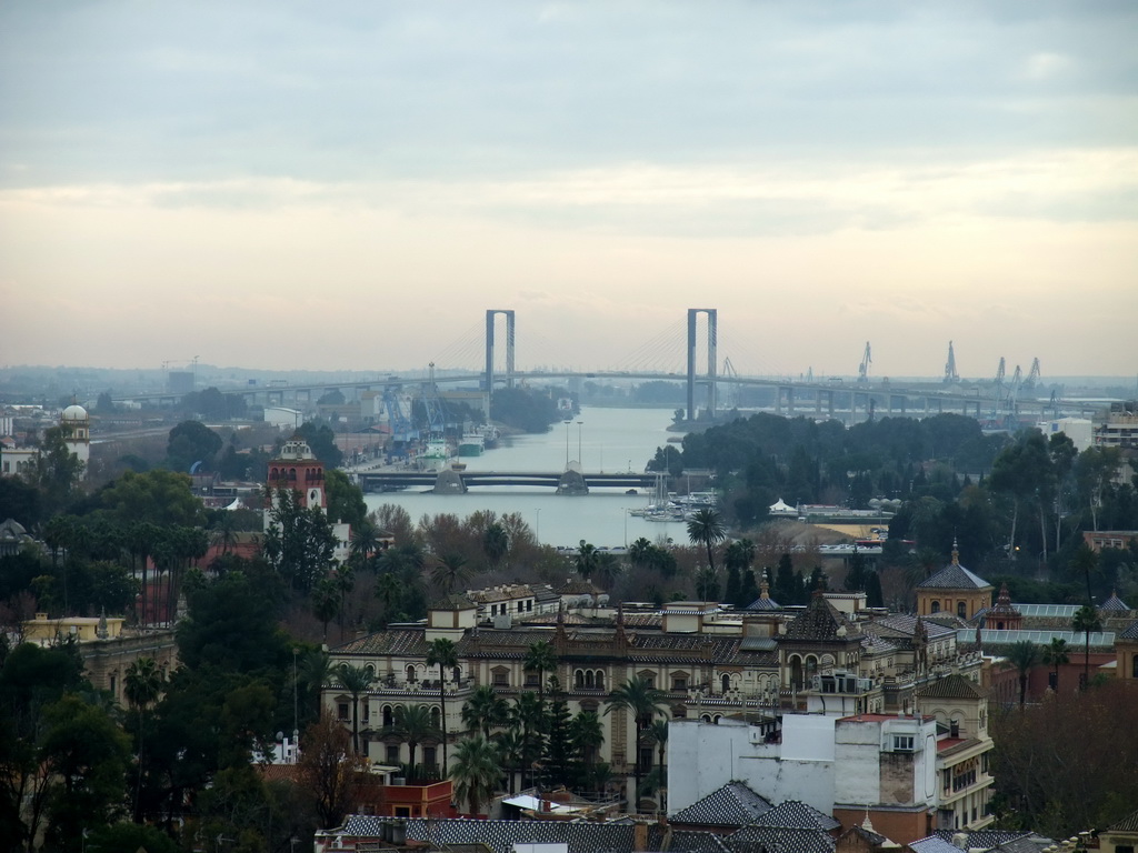 The Puente de las Delicias bridge and the Puente del V Centenario bridge over the Guadalquivir river, viewed from the top of the Giralda tower