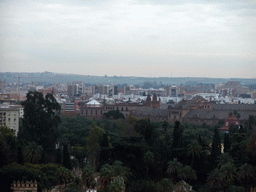 The Jardines Prado San Sebastián gardens and the Plaza d`Espana building, viewed from the top of the Giralda tower