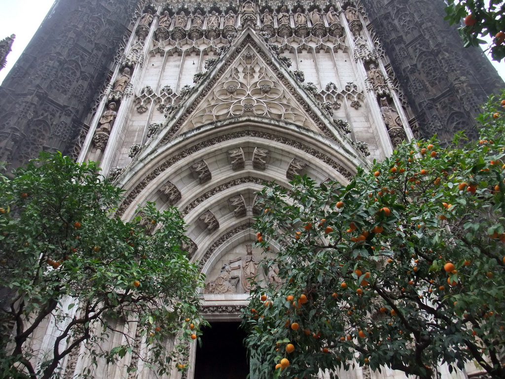 The Puerta de la Concepción gate of the Seville Cathedral and orange trees at the Patio de los Naranjos courtyard