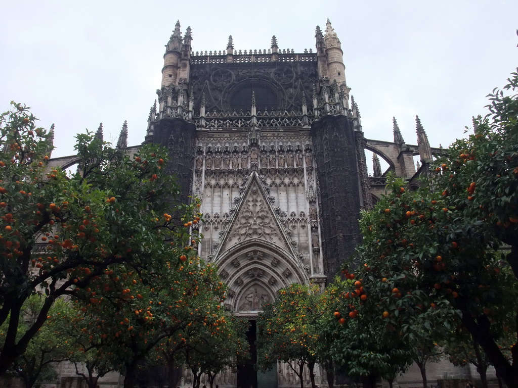 The east side of the Seville Cathedral with the Puerta de la Concepción gate and orange trees at the Patio de los Naranjos courtyard