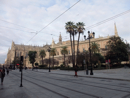 Avenida de la Constitución avenue, with the west side of the Seville Cathedral and the Archivo General de Indias