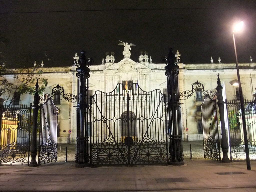 Front of the former Royal Tobacco Factory (now University of Seville) at the Calle San Fernando street, by night