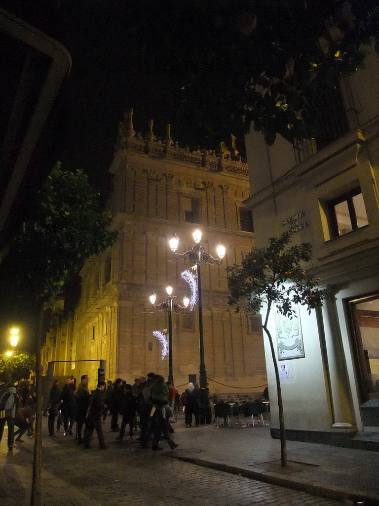 Northwest side of the Seville Cathedral and the Calle García de Vinuesa street, by night