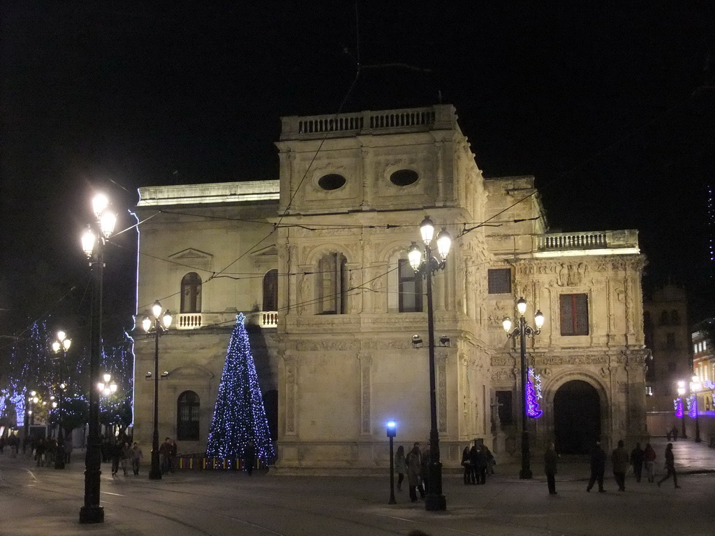 South side of the Casa Consistorial de Sevilla building at the Avenida de la Constitución avenue, by night