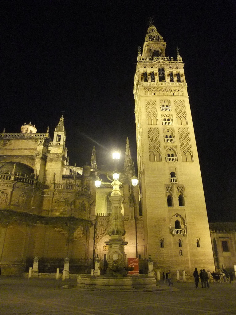 The east side of the Seville Cathedral with the Giralda tower at the Plaza del Triunfo square, by night