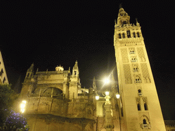 The east side of the Seville Cathedral with the Giralda tower, by night