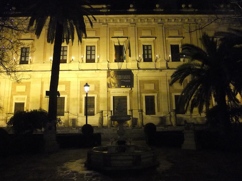 West side of the Archivo General de Indias at the Avenida de la Constitución avenue, by night