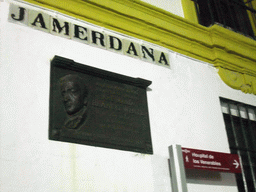 Street sign of the Calle de Jamerdana street and a plaque on Joseph Blanco White, by night