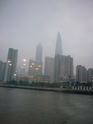 The Jin Mao Tower and the Shanghai World Financial Center (under construction) in the Pudong district, viewed from the Huangpu river ferry