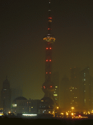 Skyline of the Pudong district, with the Oriental Pearl Tower, viewed from the roof of the Ambassador Hotel, by night