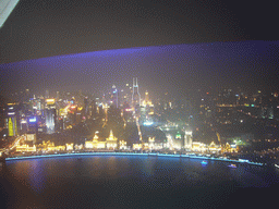 View on the Puxi skyline and the Bund area, with the Bund Center, Tomorrow Square, Le Royal Méridien Shanghai and other skyscrapers, from the top of the Oriental Pearl Tower, by night