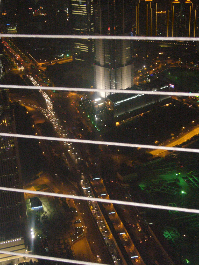 View on Century Avenue, the Jin Mao Tower and the Shanghai World Financial Center (under construction), from the top of the Oriental Pearl Tower, by night