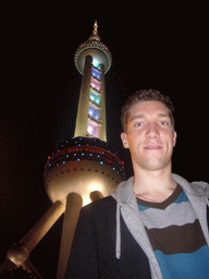 Tim and the Oriental Pearl Tower, by night