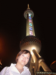 Miaomiao and the Oriental Pearl Tower, by night