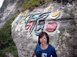 Miaomiao at inscriptions in a local language, at Tiger Leaping Gorge