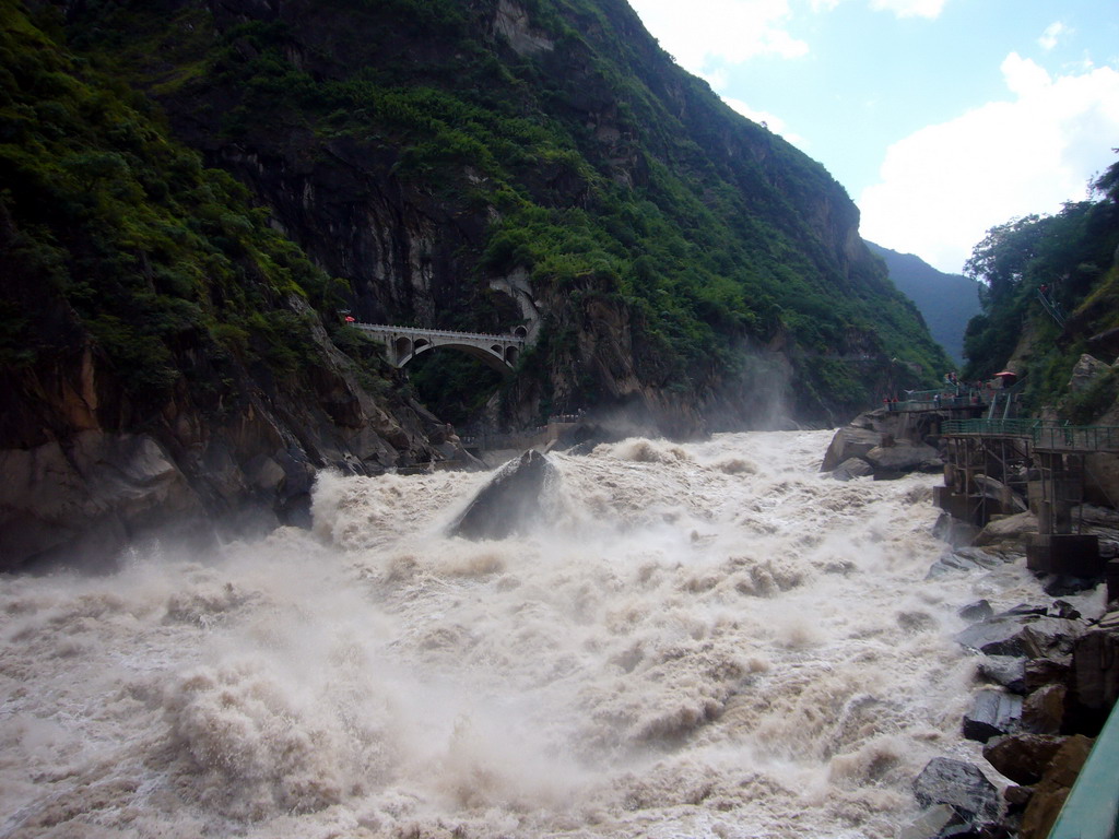 Rapids, bridge and track at Tiger Leaping Gorge