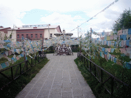 Stupa and prayer flags in a Tibetan buddhism temple