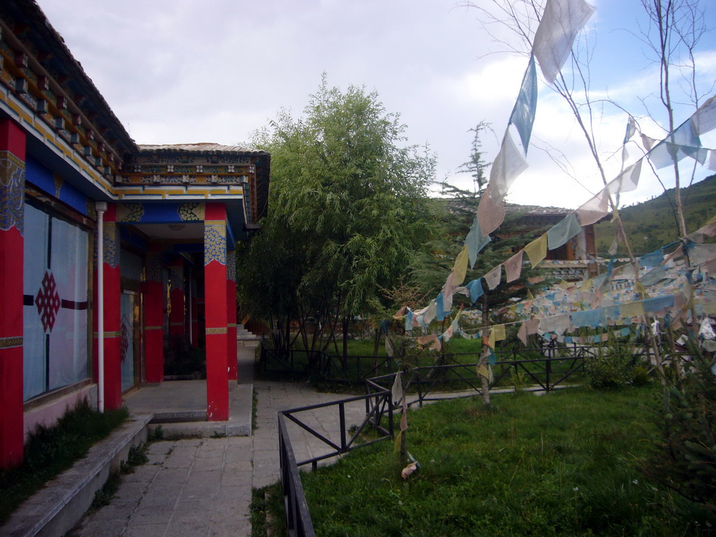 Tibetan buddhism temple, garden and prayer flags
