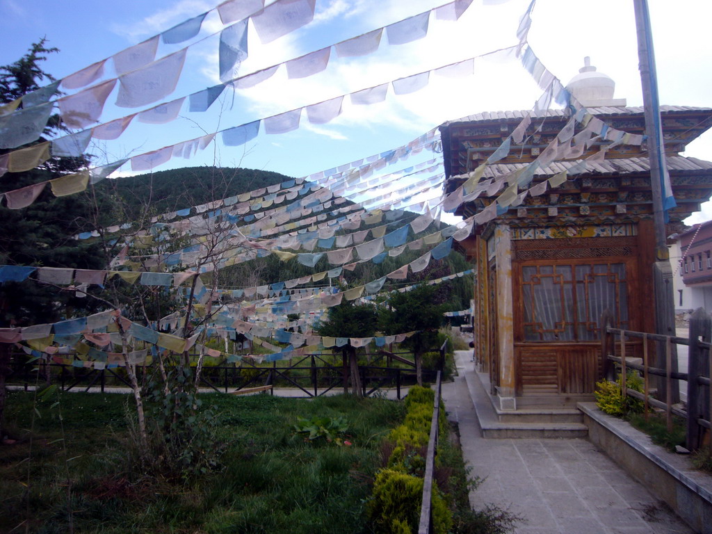 Tibetan buddhism temple, garden and prayer flags