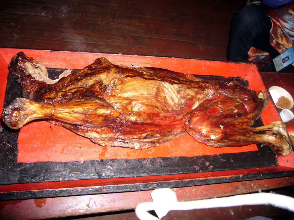 Yak meat on our table in the Tibetan dinner house