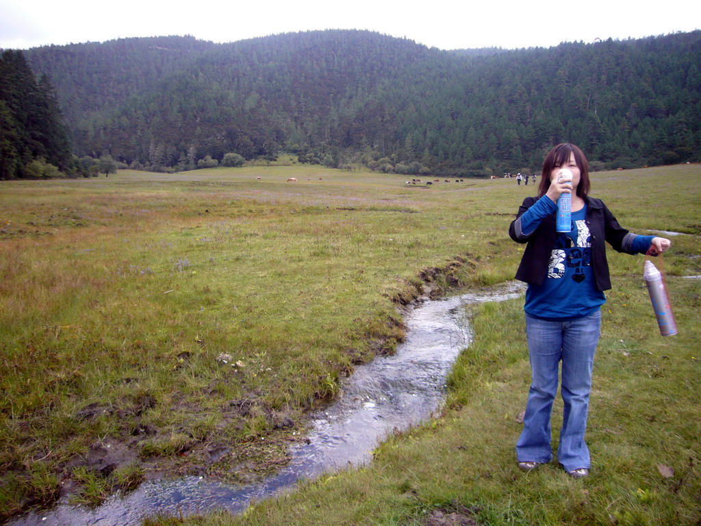 Miaomiao with oxygen bottle in grassland with yaks and stream in Potatso National Park