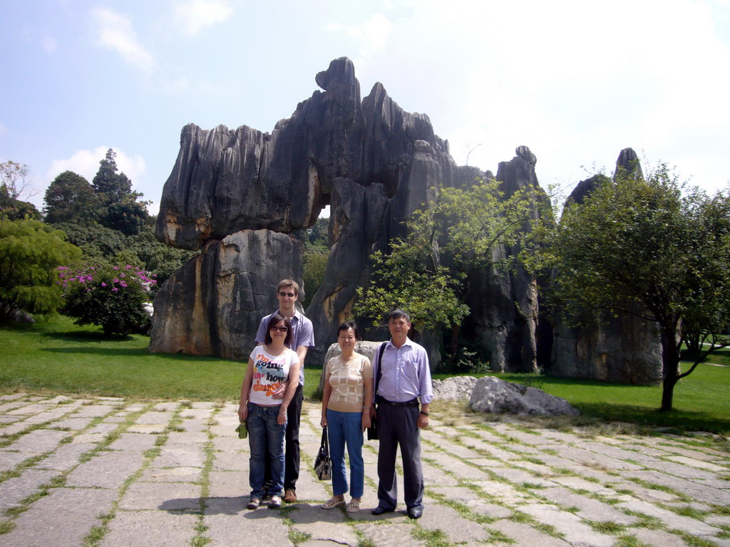 Tim, Miaomiao and Miaomiao`s parents at karst formations in the Minor Stone Forest of Shilin National Park