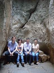 Tim, Miaomiao and Miaomiao`s parents on a bench in the Major Stone Forest of Shilin National Park