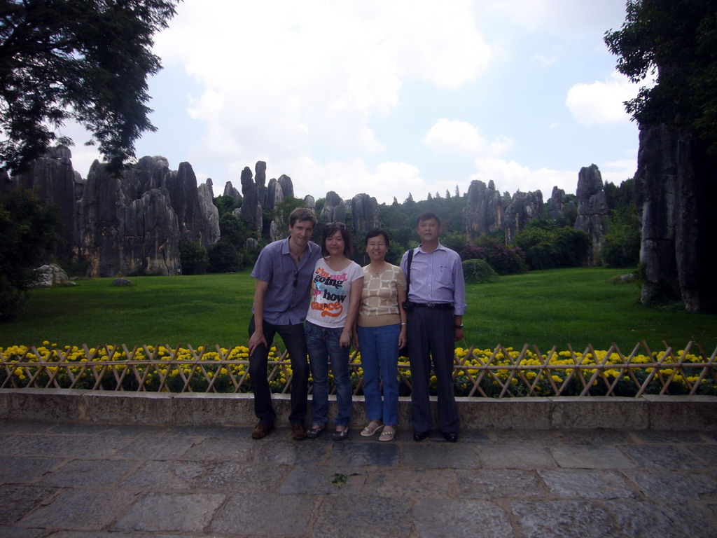 Tim, Miaomiao and Miaomiao`s parents at karst formations in the Minor Stone Forest of Shilin National Park