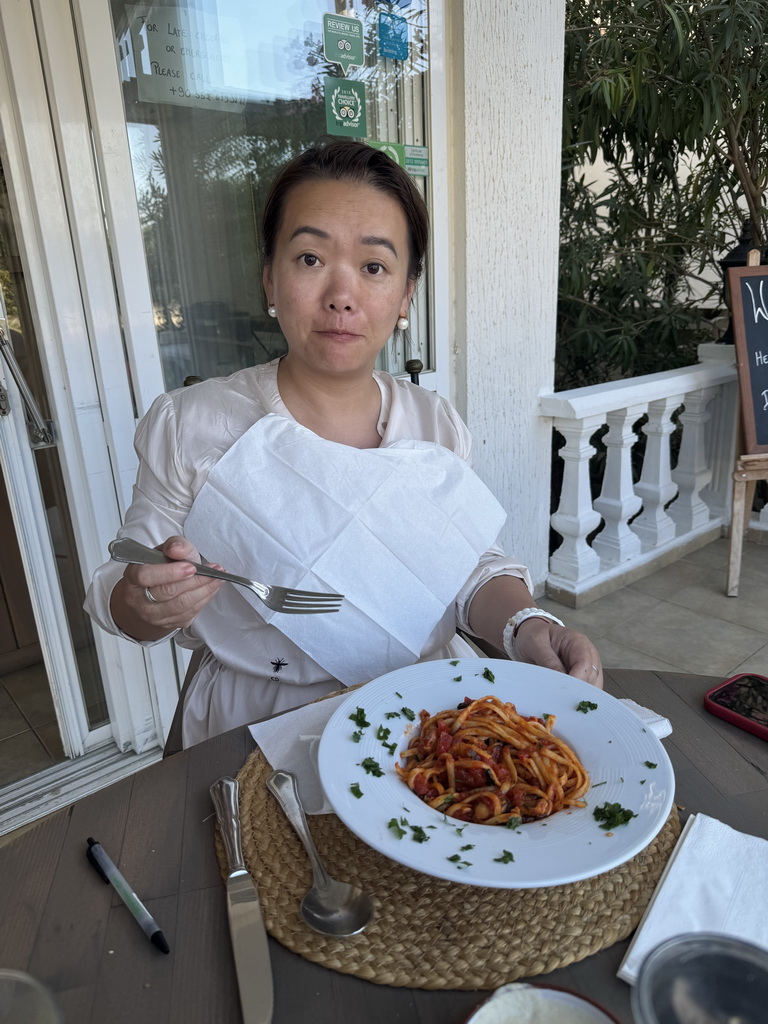 Miaomiao eating Seafood Linguine at Conny`s Restaurant