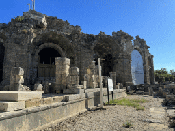 Front of the Temple of Dionysos and the northwest side of the Roman Theatre of Side at the Liman Caddesi street