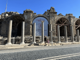 Tim and Max in front of the Temple of Dionysos and the northwest side of the Roman Theatre of Side at the Liman Caddesi street