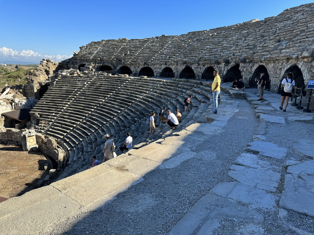 Miaomiao and Max at the southwest auditorium of the Roman Theatre of Side, viewed from the diazoma of the west auditorium