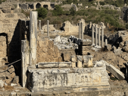 Center right part of the stage building of the Roman Theatre of Side and the Trade Agora, viewed from the diazoma of the southwest auditorium