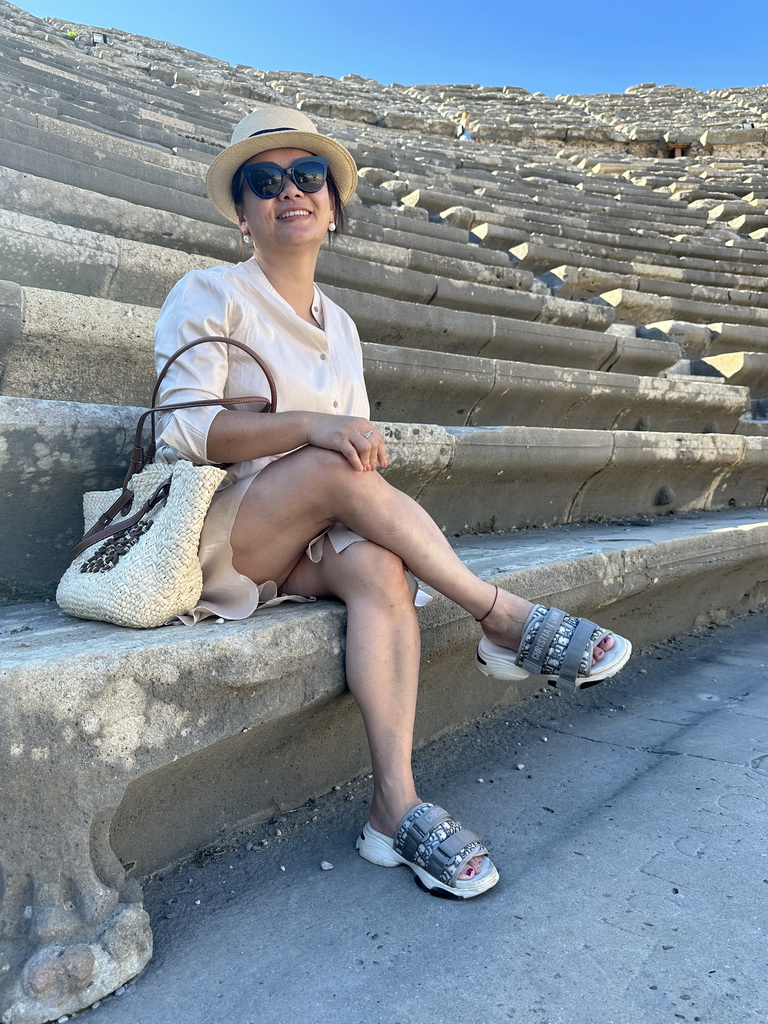 Miaomiao at the bottom of the southwest auditorium of the Roman Theatre of Side, viewed from the orchestra