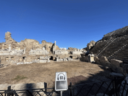 Southeast auditorium, orchestra, stage and stage building of the Roman Theatre of Side, viewed from the bottom of the southwest auditorium