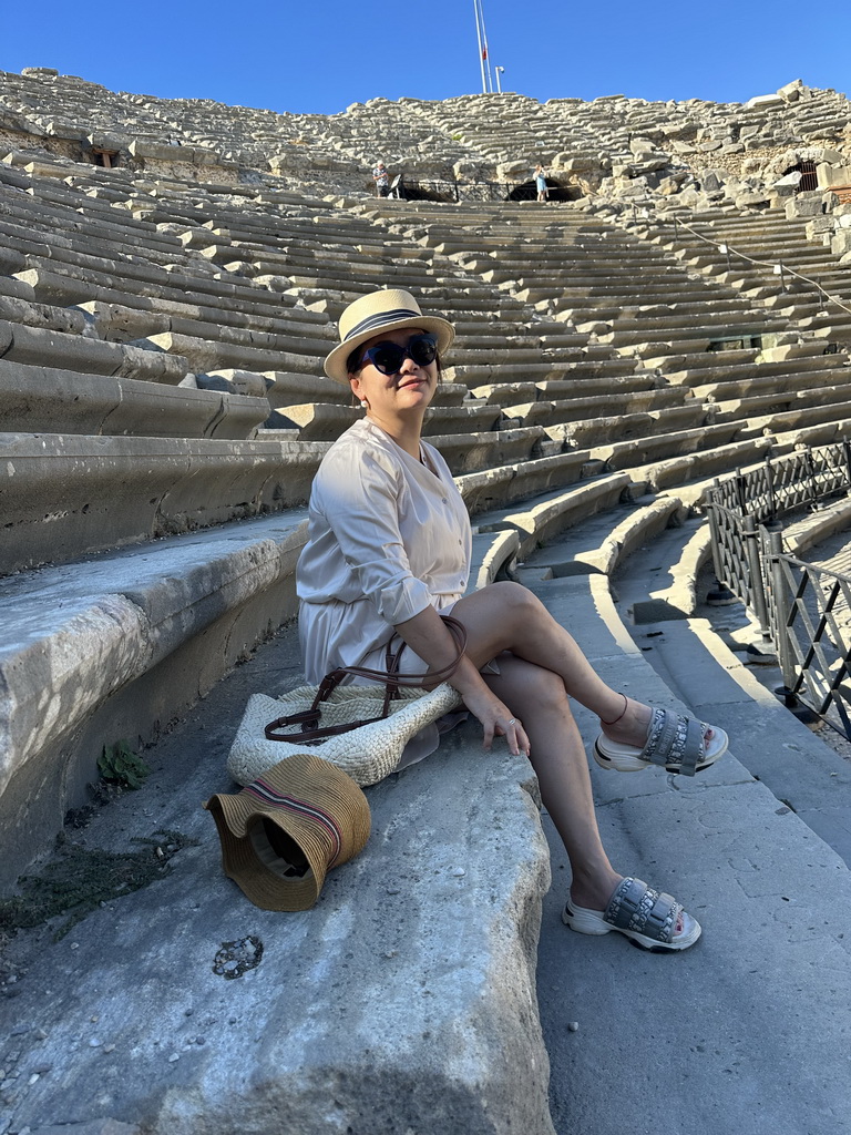 Miaomiao at the bottom of the southwest auditorium of the Roman Theatre of Side