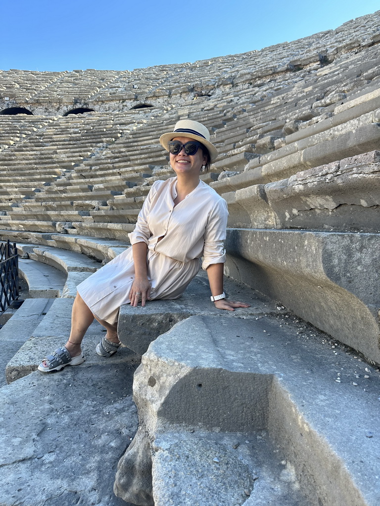 Miaomiao at the bottom of the southwest auditorium of the Roman Theatre of Side