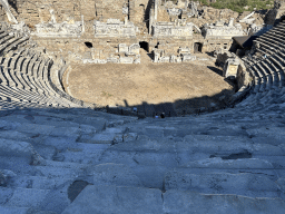 Tim and Max at the bottom of the southwest auditorium of the Roman Theatre of Side, with a view on the orchestra, stage and stage building, viewed from the diazoma