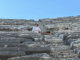 Miaomiao at the diazoma of the southwest auditorium of the Roman Theatre of Side, viewed from the bottom