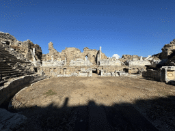 Auditorium, orchestra, stage and stage building of the Roman Theatre of Side, viewed from the bottom of the southwest auditorium